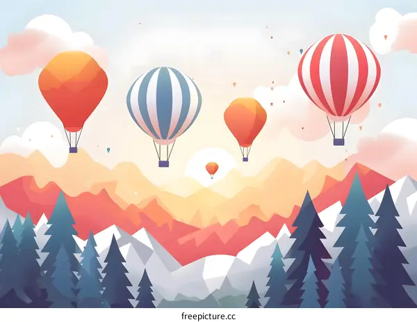 Hot Air Balloons Flying Over Mountain Range