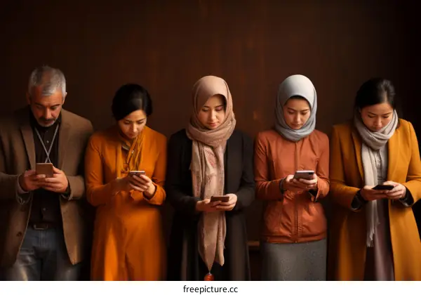 Diverse group of people using smartphones