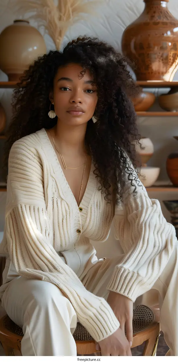 African American Woman with Curly Hair Wearing Knitted Cardigan and White Pants