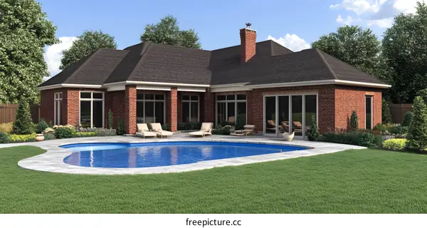 Backyard of a Brick House with a Swimming Pool