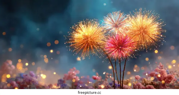 Magical Fireworks Display in a Mystical Garden