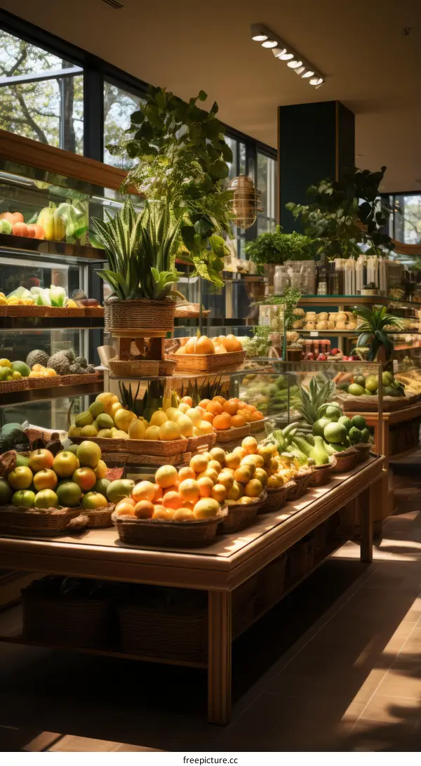 Fresh and organic fruits and vegetables in a grocery store