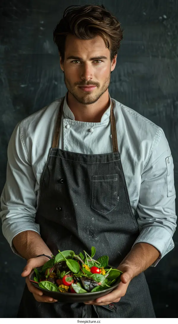 Portrait of a handsome young male chef holding a bowl of salad