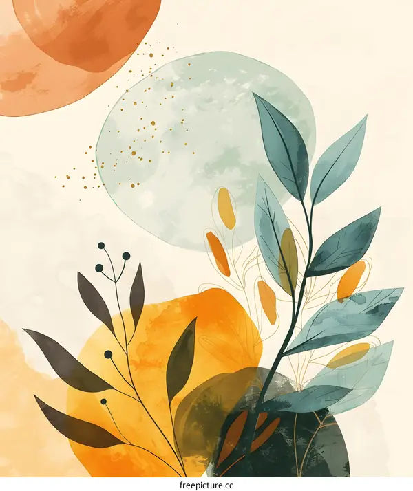 Abstract Watercolor Painting with Leaves and Circles