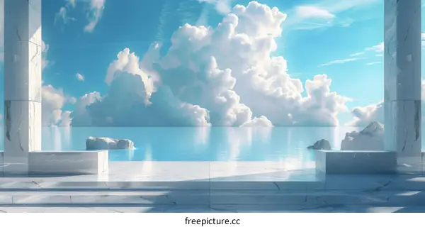 White Marble Pillars and Ocean View with Blue Sky and Clouds