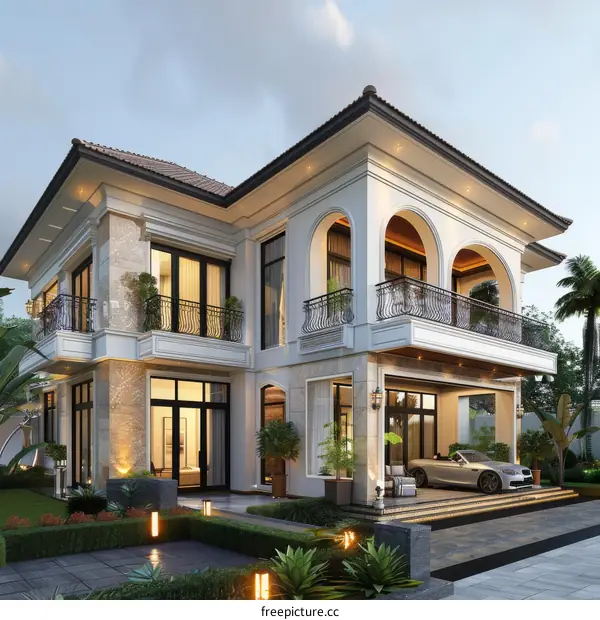 Modern White House Exterior with Palm Trees and Sports Car