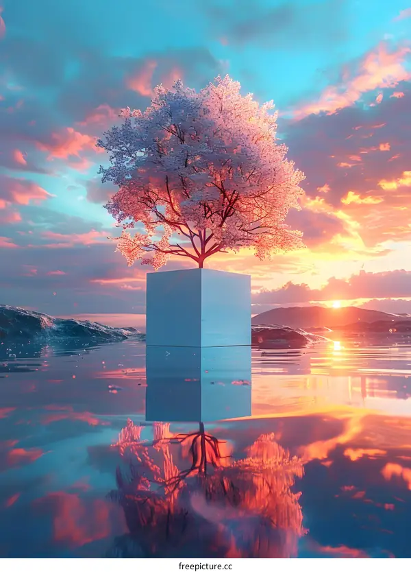 Sunset with a White Tree Growing Out of a Cube