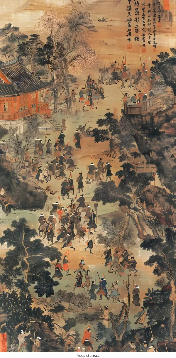 Chinese Painting of Warriors and Landscape