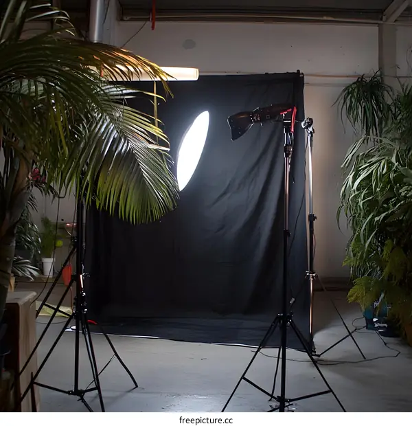 Photography Studio Setup with Black Backdrop and Lighting Equipment
