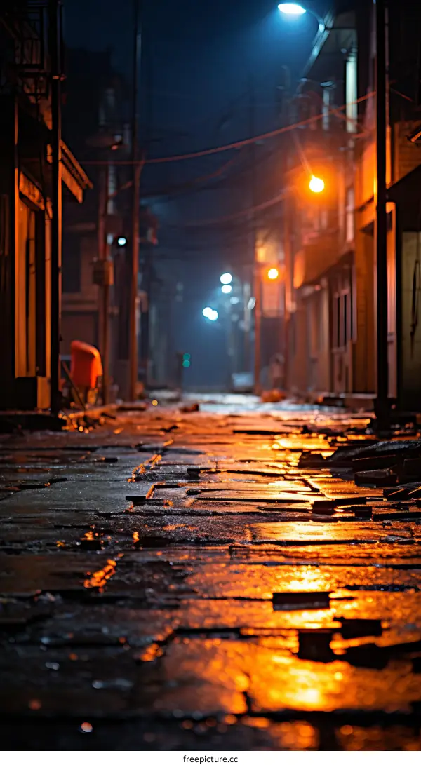 Desolate Alleyway with Broken Sidewalk and Streetlights at Night
