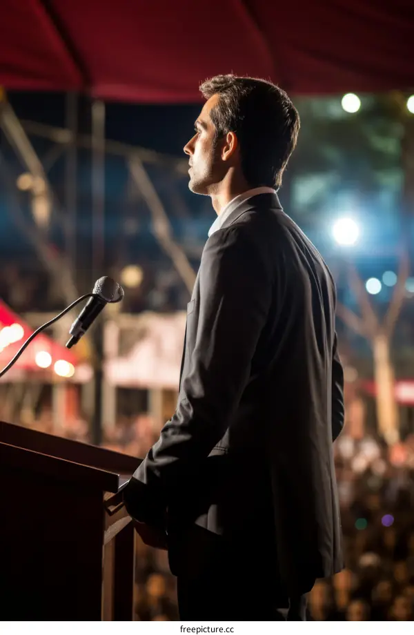 A politician giving a speech at a podium in front of a crowd
