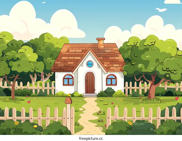 Cute House in the Green Garden With Fence