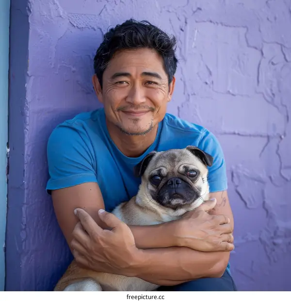 A man and his pug are posing for a picture.
