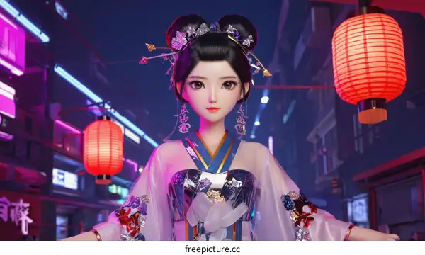Anime Asian Woman in Traditional Chinese Dress at Night