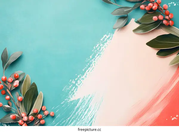 Abstract Green Leaves and Red Berries on Teal and Pink Background