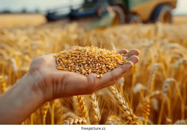 A hand holding a handful of wheat grains with a combine harvester in the background