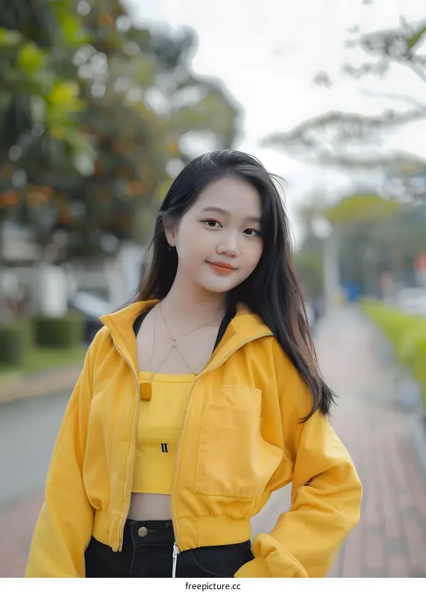 Young Asian Woman in Yellow Jacket Smiling at Camera