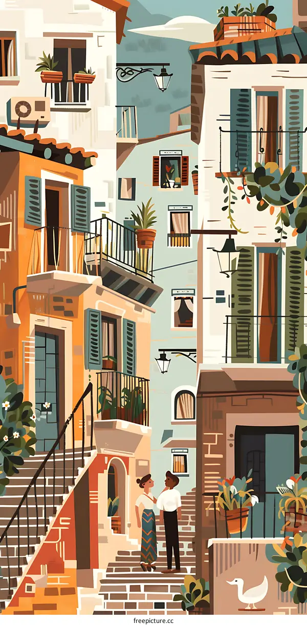 Couple Walking Up Stairs in Front of Colorful Italian Buildings