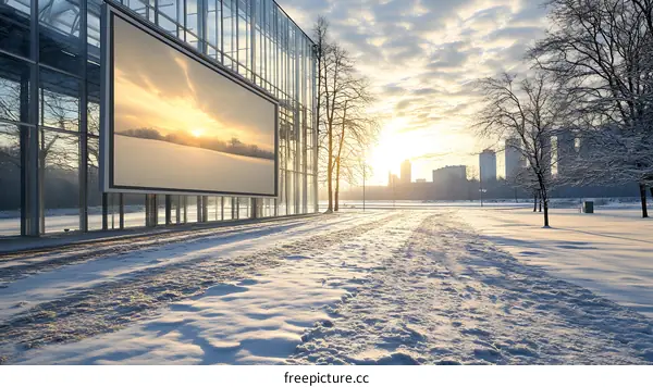 Modern Building with Large Screen Showing Winter Sunset