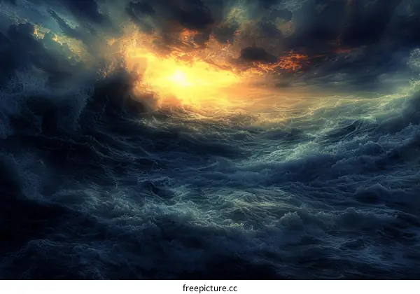 The dark sea is lit up by a distant storm