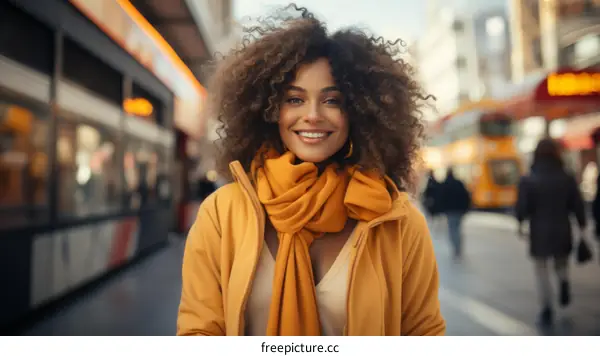 portrait of a smiling young woman with curly hair wearing a yellow jacket and scarf