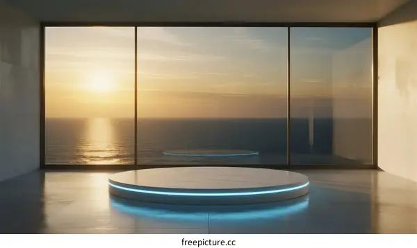 Modern round platform with glowing blue light facing sea view at sunset
