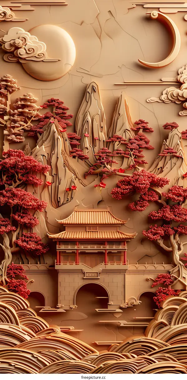 Chinese New Year Woodcut Illustration: Prosperity & Fortune