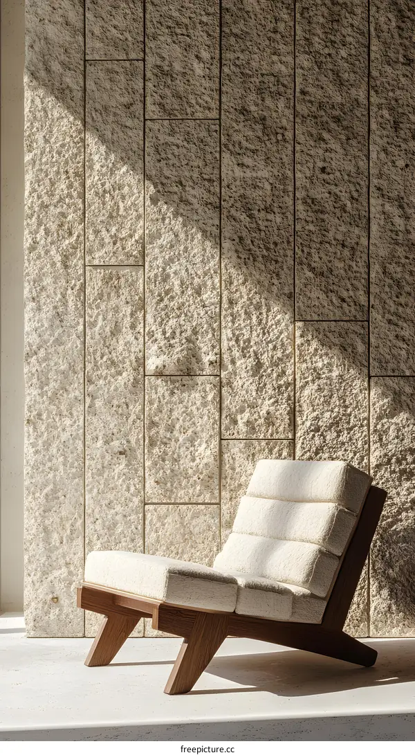 Minimalist Lounge Chair in Front of Stone Wall
