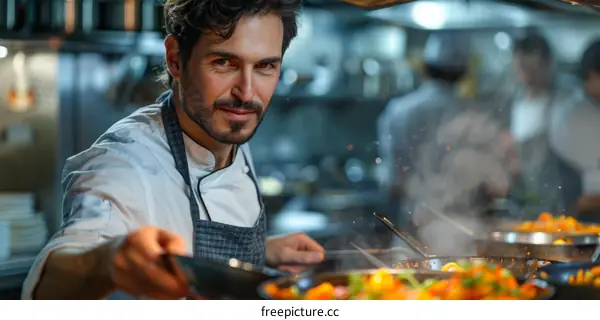 Chef is cooking in a commercial kitchen