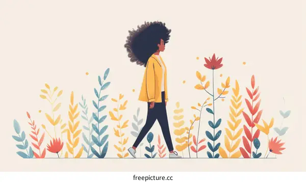 black woman walking in a colorful garden