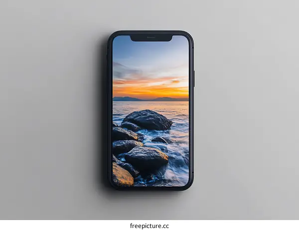 Black Smartphone With Sunset and Sea Rocks Screen