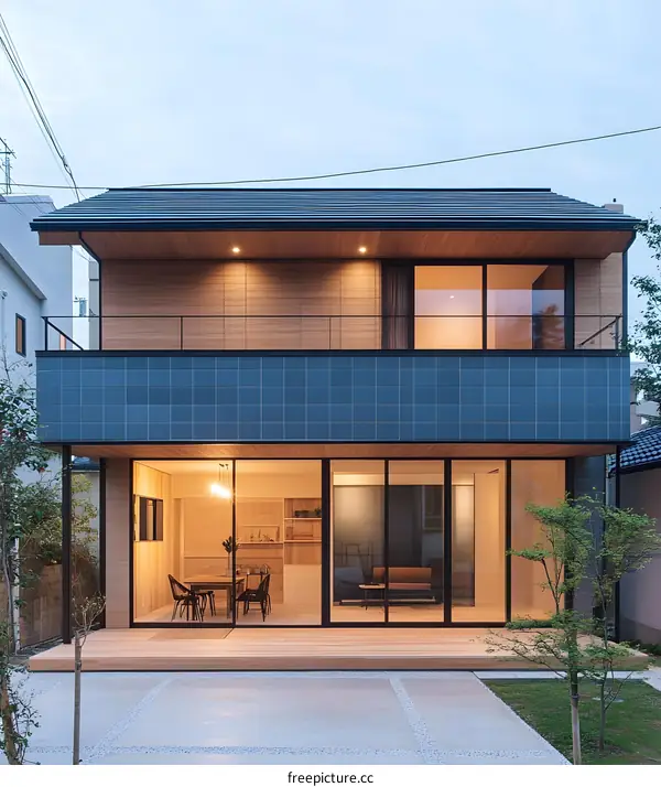 Modern Two Story Home with Large Windows and Wooden Deck