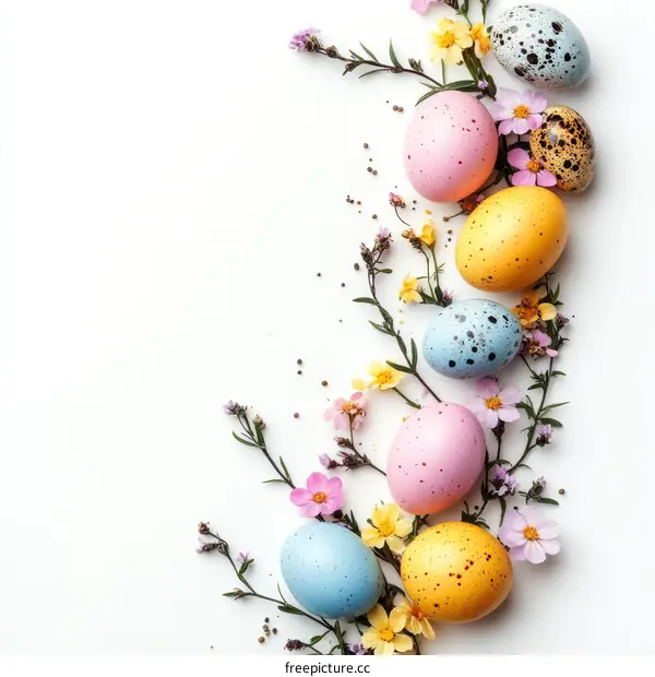 Easter eggs and flowers arranged on a white background