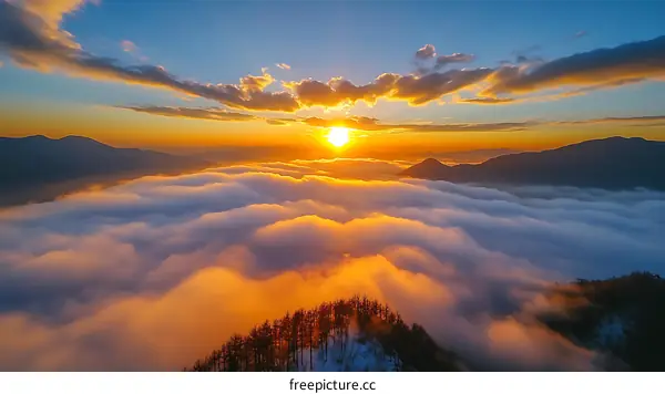 Sunrise Over Clouds and Mountains Scenic View