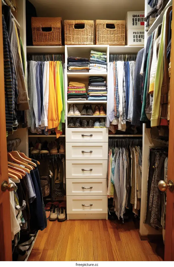 Organized Walk-In Closet with Colorful Clothes