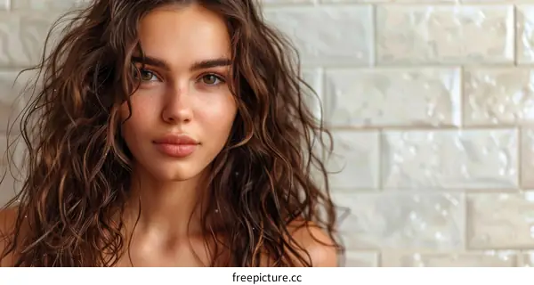 Headshot of a young woman with curly brown hair and light makeup
