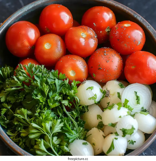 Fresh vegetables and herbs on a dark background