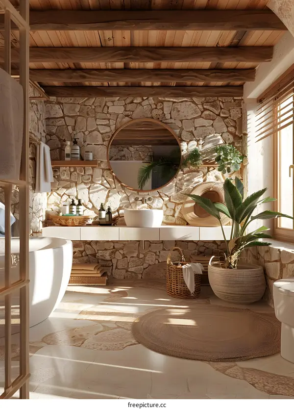 Modern Bathroom Interior Design with Stone Walls and Wooden Beams