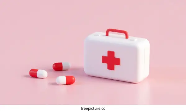 First Aid Kit with Pills on Pink Background for Health Care
