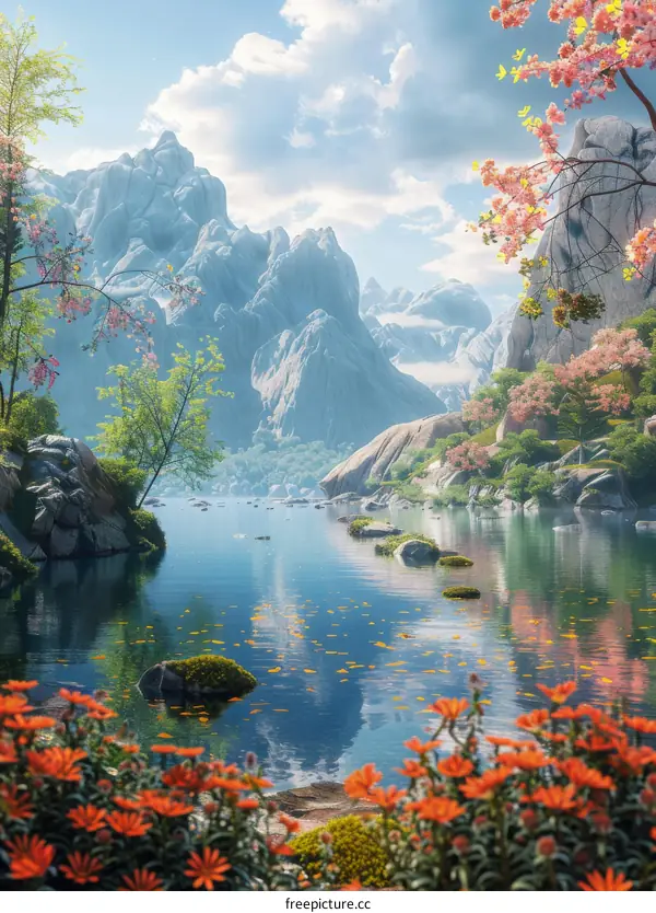 Majestic Mountain Lake with Blooming Flowers