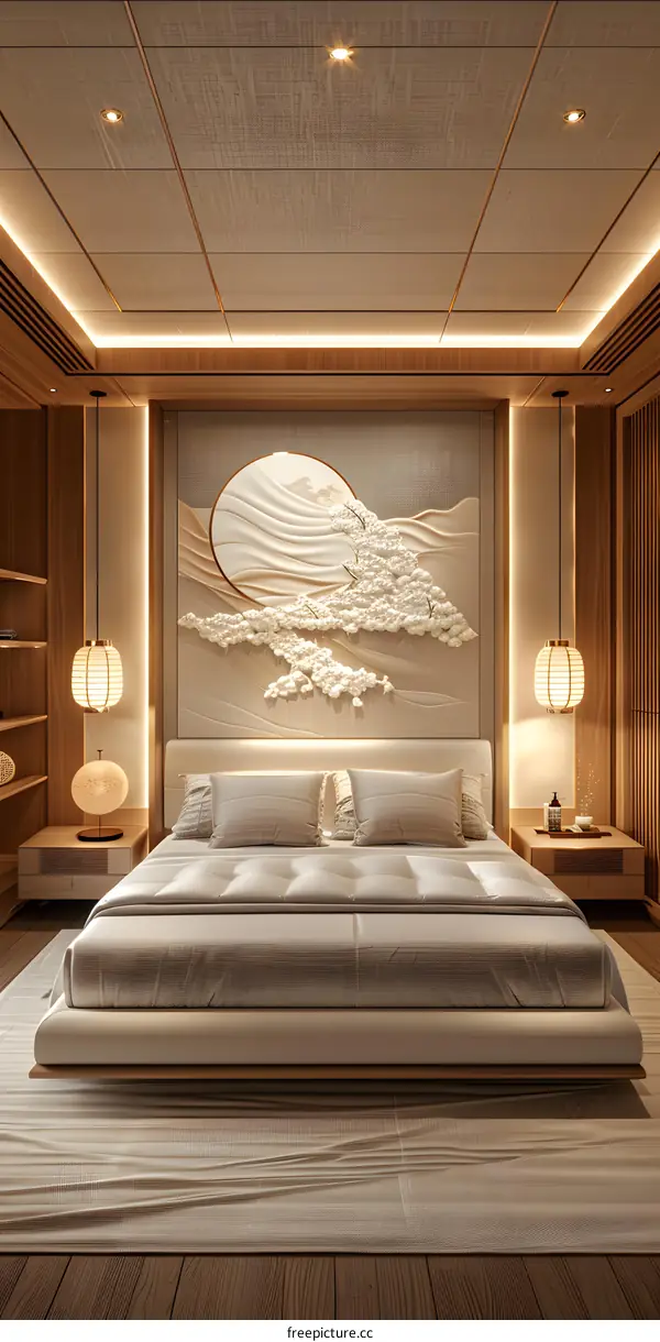A bedroom with a Japanese-style wall sculpture.