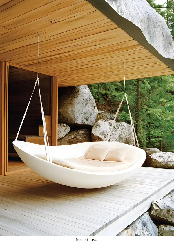 Modern White Hanging Bed with Cushions on a Wooden Deck in a Forest Setting