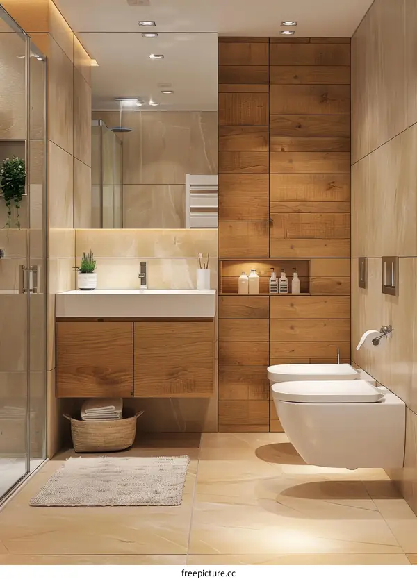 Bathroom interior with wooden wall and marble floor