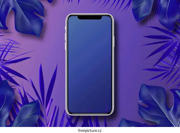 Smartphone Mockup with Tropical Leaves on a Purple Background