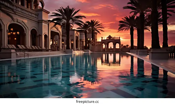Palm Trees and a Large Pool with a Beautiful Sunset in the Background