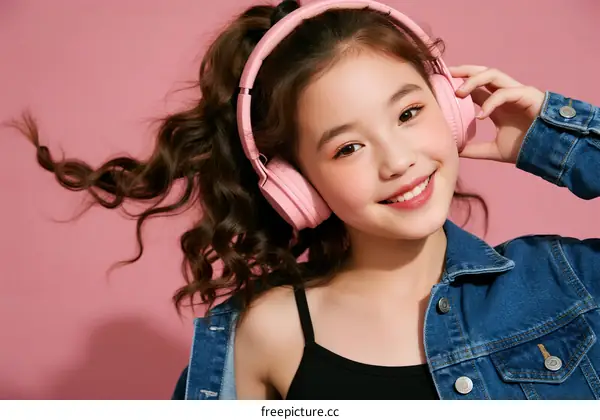 Young Girl Wearing Pink Headphones Against Pink Background