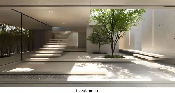 Modern Minimalist Concrete Courtyard with a Tree and a Staircase