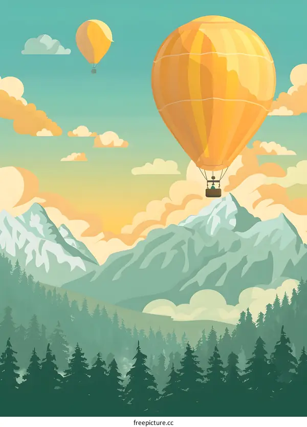 Hot Air Balloon Flying Over Mountains and Forest