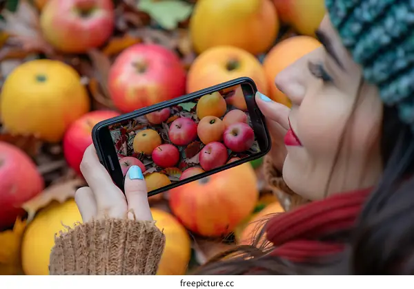Woman Taking a Picture of Apples with a Smartphone