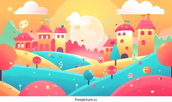 Colorful Cartoon Town Landscape Illustration